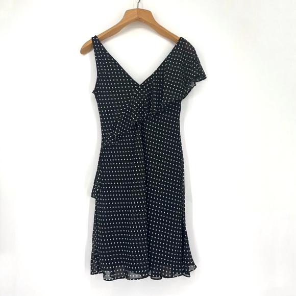 Chaps Black with White Polka Dots Asymmetrical Ruffled Lined Flutter Dress, 8 - Picture 14 of 17